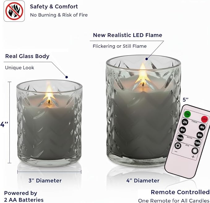 VENTA Glass Flameless Candles with Remote, Real Wax Moving Flame, LED Flickering Flameless Candles Battery Operated, Timer & Dimmer Features, Set - 3 Pcs. (4", 5", 6") (Ribbed Transparent Glass)