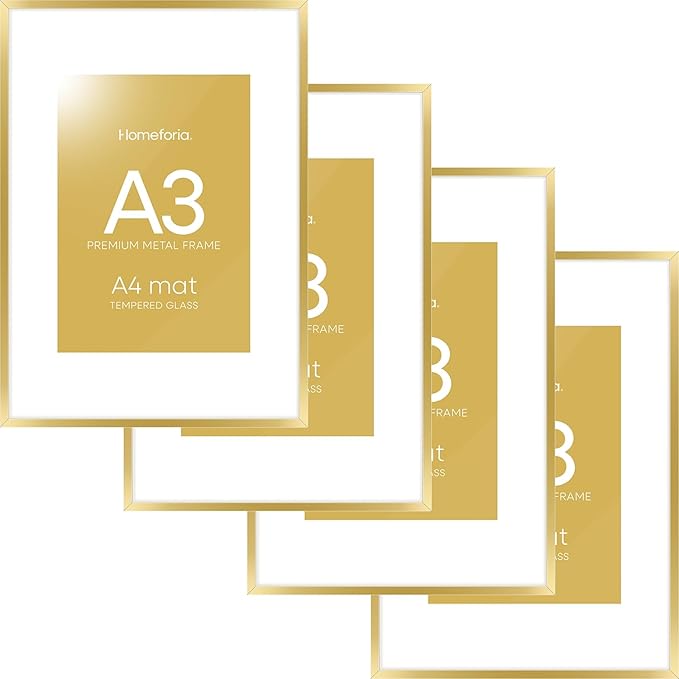 Homeforia A3 Picture Frame Gold, High End Metal 11.7 x 16.5 inch Poster Frames with Mat 8.3 by 11.7 for Photo, A3 Size Frames Matted to A4 Print, 11.7x16.5 Wall Hanging Frame, Tempered Glass, Set of 4