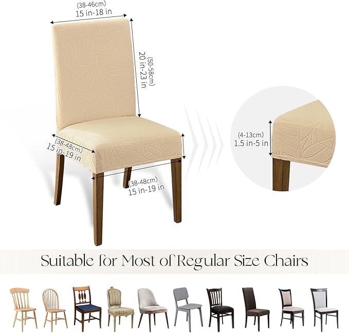 MOSAYT 100% Waterproof Dining Room Chair Covers Set of 6, Super Fit Stretch Jacquard Parson Chairs Slipcovers Removable Washable Chair Seat Protectors for Home, Kitchen, Banquet (Beige - XL)