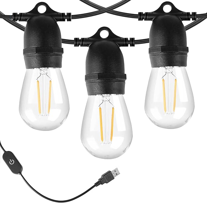 BRIMAX 24.6Ft USB Powered String Lights,10 LED Bulbs Waterproof & Shatterproof Outdoor Camping String Lights Dimmable Brightness with Swith for Tents,Patio,Backyard,Garden and Holidays,Warm White