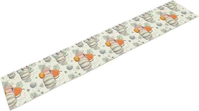 Fall Pumpkin Table Runner Vintage Leaves Plant Motifs Thanksgiving Theme Watercolor Illustration Home Decor for Farmhouse Indoor Outdoor Party Holiday Dining Kitchen Restaurant Cafe W13xL36in