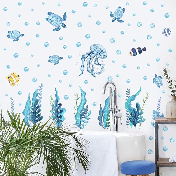 94 PCS of Marine Ecological Wall Decals,Under The Sea Bathroom Decor Wall Decals,Sea Turtles,Jellyfish,Clownfish, and Aquatic Plants Create an Underwater World Atmosphere,for Children's Rooms