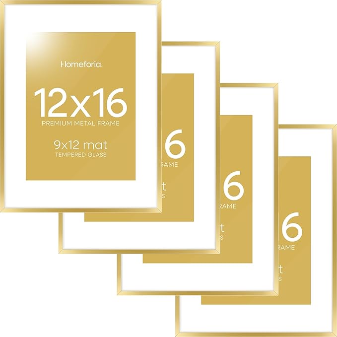 Homeforia 12x16 Picture Frame Gold, High End Metal 12x16 Poster Frames with Mat 9x12 for Photo, 12 x 16 Gold Frame Matted to 9 by 12 Print, 16x12 Thin Hanging Frame, Tempered Glass, Wall Kit, Set of 4