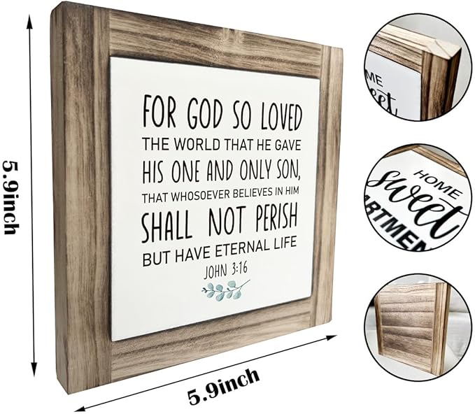 Christian Sign, Box Wood Plaques Desk Décor, Scripture Table Art Sign, Religious Artwork, Home Decor for Living Room Kitchen Bedroom, For God So Loved the World that He Gave - John 3:16