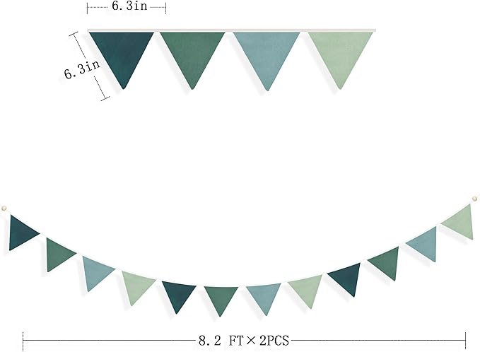 2 Sets of Gradient Dark Green Pennant Banner 24Pcs Nursery Garland Flags Sage Green Fabric Linen Triangle Streamers for Baby Room Decor Kids Jungle Safari Birthday Baby Shower Boho Party Decorations