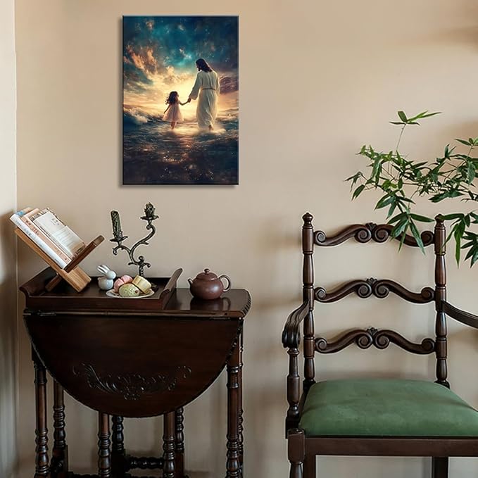 Eysintum Framed Jesus Wall Art Jesus with Girl Canvas Print Christian Faith Poster Inspirational Home Decor for Kids Room Nursery Living Room 16x24in Ready to Hang