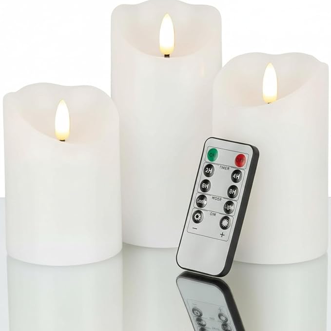 VENTA Set of 3 Ivory & White Pillar Candles | Real Wax Battery Operated Flickering LED Candles with Remote | Timeless Decor for Farmhouse, Modern & Mantel Displays