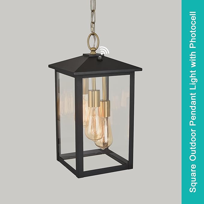 17IN Large Dusk to Dawn Outdoor Pendant Light 3-Light, Modern Black Metal Outside Chandelier Exterior Hanging Fixture Ceiling Mount with Clear Glass for Front Porch Entrance Entryway