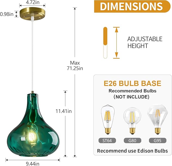 Modern Glass Pendant Light 9.44 in Green Hammered Glass Shade Gold Farmhouse Island Pendant Lights for Kitchen Pendant Lighting Over Sink Bedroom Dining Room