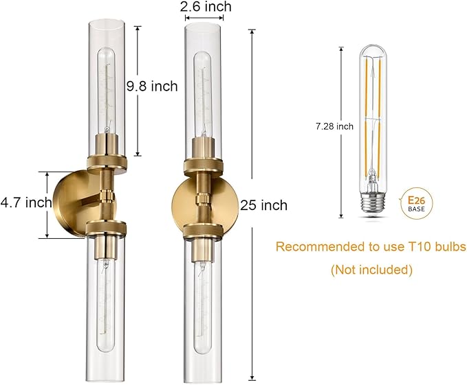LaLuLa 2-Light Bathroom Vanity Light,Knurled Texture Linear Gold Wall Sconces,Clear Glass Tube Vanity Lighting Fixtures,Modern Wall Mounted Light,Indoor Wall Lights for Living Room,Bedroom,Hallway