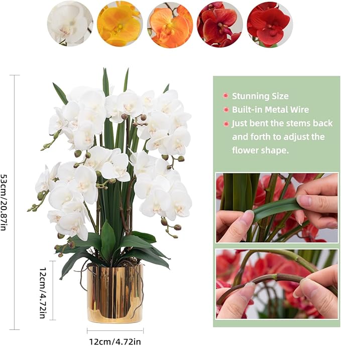 CXGS Artificial Orchid Flower Plants Real Touch Faux Orchids in Ceramic Vase 20.9'' White Phalaenopsis Orchid Fake Flower Arrangement Home Indoor Decor