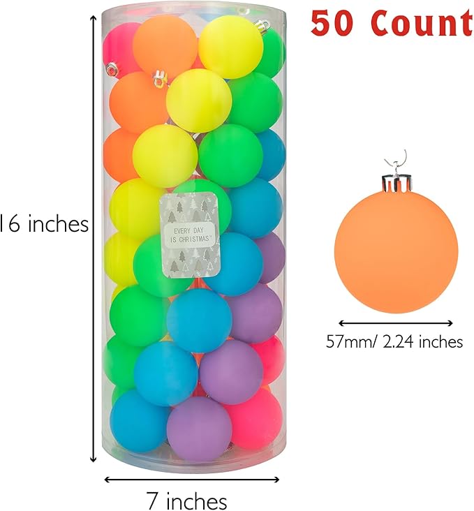 Every Day is Christmas Ornaments, Shatterproof Christmas Tree Ornament Set, Christmas Balls Decoration 50 Count(2.24"/57mm, Neon)