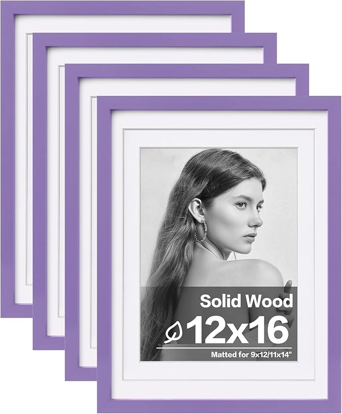 Egofine 12x16 Picture Frames 4PCS Covered by Plexiglass, Made of Solid Wood, Display Pictures 9x12/11x14 with Mat or 12x16 Without Mat for Wall Mounting, Purple