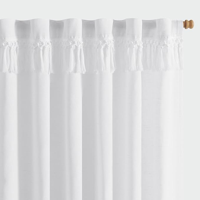 jinchan Linen Curtains for Living Room Bedroom Light Filtering Semi Sheer Curtains Boho Farmhouse French Country Cottage Core Decor Window Drapes Back Tab 90 Inch Length Tassel Off White