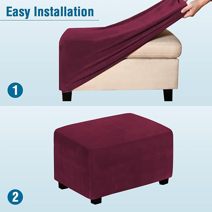 H.VERSAILTEX Real Velvet Plush 1 Piece Form Fit Stretch Rectangle Folding Storage Covers Ottoman Slipcovers Removable Footstool Protect Footrest Covers Elastic Bottom Washable(Large, Burgundy)