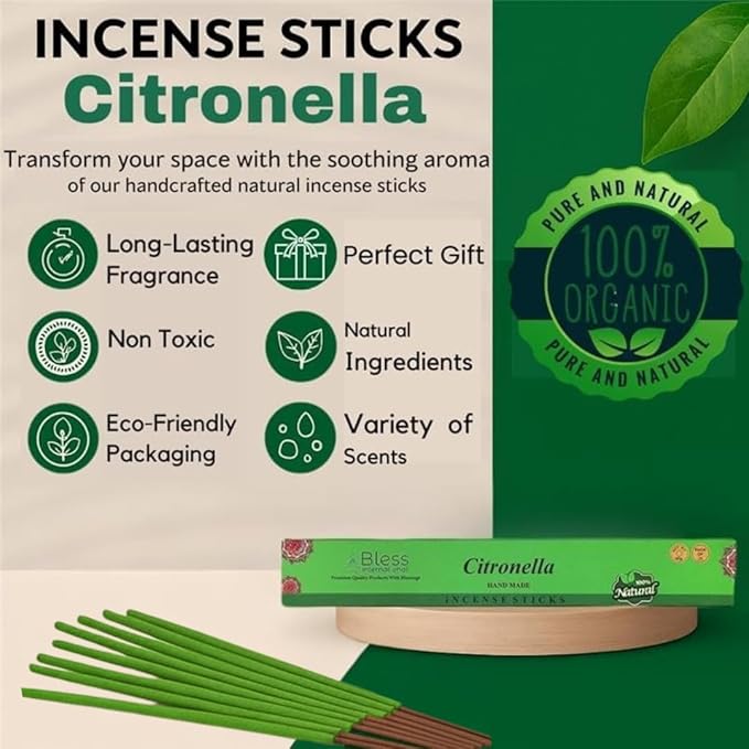 Bless-Citronella 100%-Natural-Handmade-Hand-Dipped-Incense-Sticks Organic-Chemicals-Charcoal-Free Purification-Relaxation-Positivity-Yoga-Meditation Best-Woods-Scent (100 Sticks (5.25 OZ))