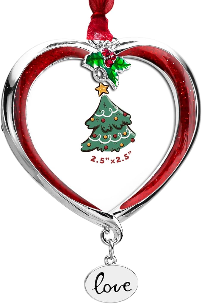 Christmas Tree Ornament Picture Frame Metal Hanging Pendant Holiday 2.5" Photo Frame Charm Decorative of Pets, Baby First Christmas, Family (Love Red)
