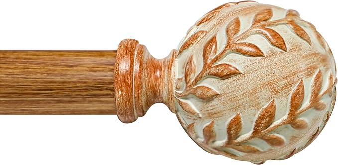 Imitation Wood Grain Curtain Rod for Windows 28 to 48 Inches: 1 Inch Heavy-Duty Adjustable Decorative Curtain Rod With Rustic Leaf Finials for Bedroom & Living Room