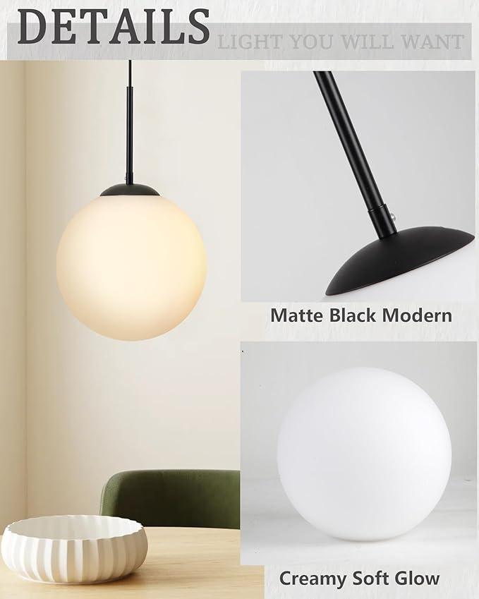 10" Globe Black Plug in Pendant Light, Mid Century Modern Hanging Ceiling Lights with Plug in Cord for Dining Room, Bedroom, Kitchen Island Lighting, Milk White Glass Shade