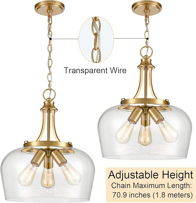 Modern Gold Pendant Light Mid Century 3-Light Clear Glass Pendant Lighting with Adjustable Chain Brass Glass Pendant Lights Kitchen Island for Dining Room Bedroom Living Room
