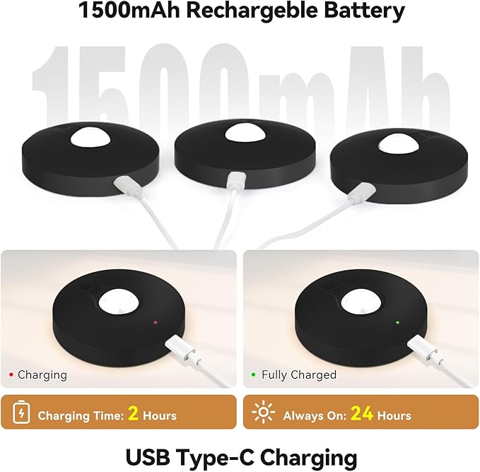 Rechargeable Puck Lights with Remote, 6 Pack Magnetic Under Cabinet Lighting, 1500mAh Battery Operated LED Tap Lights with Dimmer & Timmer for Kitchen, Closet, Shelf - 3 Color Temps & 12 RGB, Black