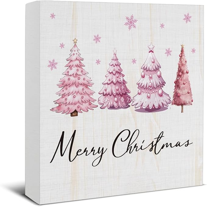 Merry Christmas Decorations - Pink Christmas Tree Wooden Sign, Cute Holiday Room Decor for Desk Table Shelf 5 X 5 Inches
