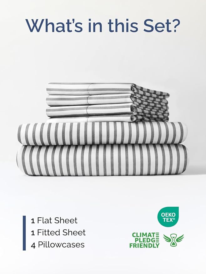 Extra Deep Queen Sheet Set - 6 Piece Breathable and Cooling Sheets - Hotel Luxury Bed Sheets Set - Easy Fit - Soft, Wrinkle Free and Comfy Sheets Set - Grey Striped Sheet Set with Extra Deep Pockets
