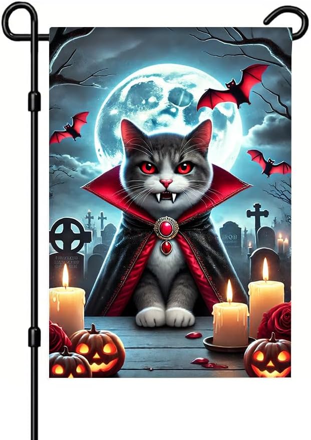 Halloween Garden Flag 12×18 Inch – Vampire Cat with Cape, Full Moon, Pumpkins and Bats, Spooky Outdoor Flag for Yard Porch Garden Halloween Decorations