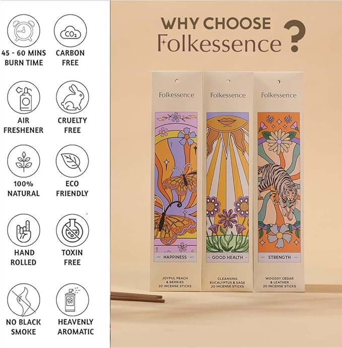Folkulture Incense Sticks | Pack of 6 (120) Non Toxic Insences with 45 Mins Burn Time | Cinnamon, Espresso | Organic Inscence Sticks | Slow Burning Incensios, Vanilla, Lavender & Chamomile