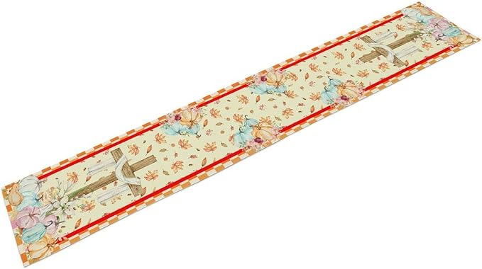Watercolor Pumpkin Table Runner Fall Flowers Falling Leaves Cross Harvest Season Thanksgiving Rustic Home Decor for Farmhouse Indoor Outdoor Party Holiday Dining Kitchen Restaurant Cafe W13xL60in