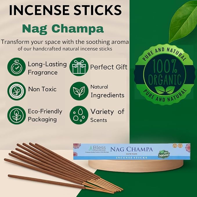 Bless-Nag-Champa 100%-Natural-Handmade-Hand-Dipped-Incense-Sticks Organic-Chemicals-Charcoal-Free Purification-Relaxation-Positivity-Yoga-Meditation Best-Woods-Scent (500 Sticks (26 OZ))