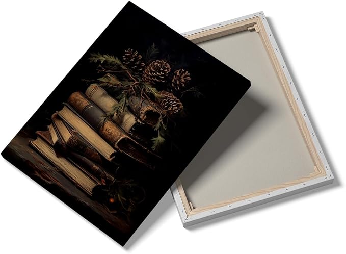 Pinecones With Book Poster,Rustic Christmas Wall Art,Book Art,Victorian Pinecones Print Oil Painting,Still Life Print,Dark Academia,Christmas Library Reading Room Bedroom Decor12x16inch Framed Art