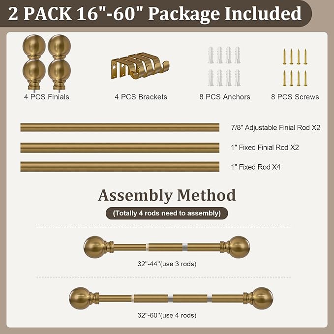 2 Pack Warm Gold Curtain Rods for Windows 28 to 48 Inch 1" Diameter Short Small Vintage Brass Adjustable Heavy Duty Antique Brushed Bronze Metal Decorative with Finials for Living Room Bedroom Kitchen