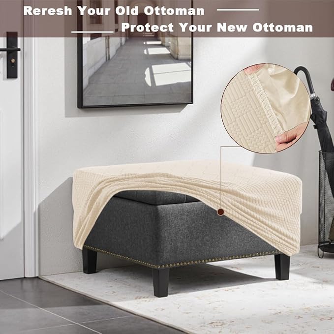 Square Ottoman Cover Large Stretch Storage Ottoman Bench Covers Slipcovers Cube Jacquard Covers for Square Ottomans Coffee Table Footrest Stool Cover with Elastic Bottom S Beige