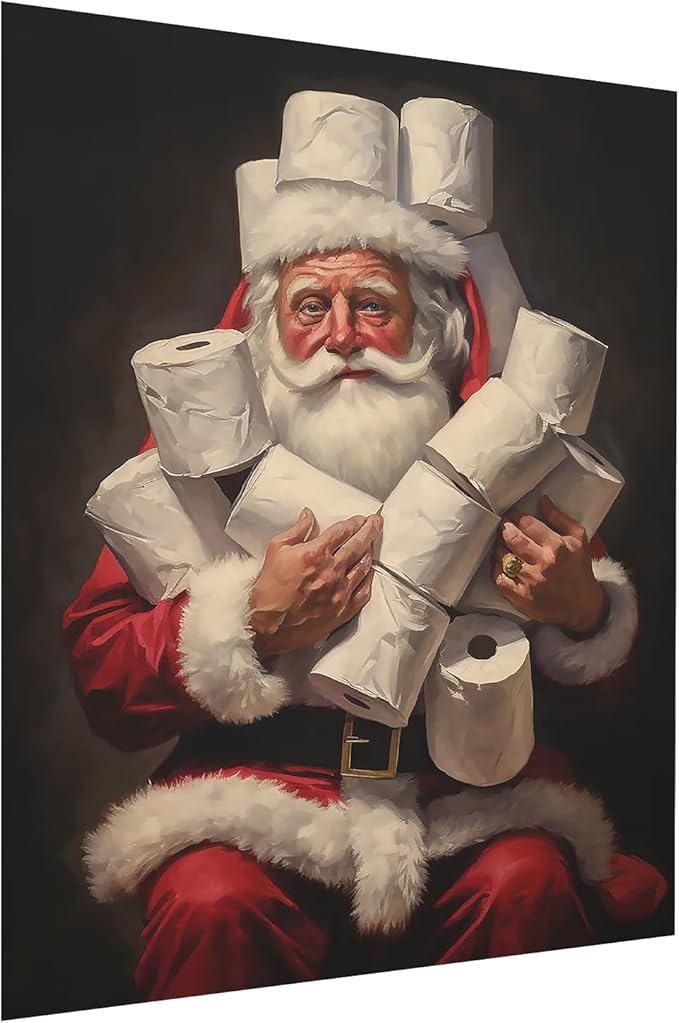 Santa Bathroom Christmas Holiday Decor - Funny Toilet Poster With Santa Rolls - 16x20 Inch Unframed Painting