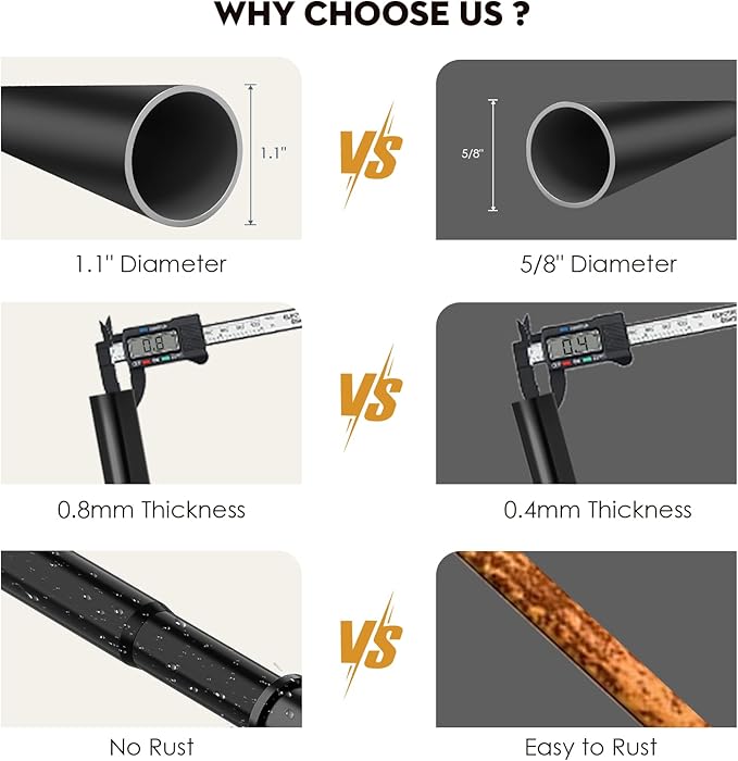 Tension Shower Curtain Rods 1.1" Diameter Black Long Curtain Rod 30 to 100 inch Adjustable Spring Heavy Duty Rods for Bathroom Windows Outdoor No Drill No Slip Stainless Steel