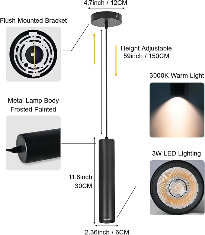Modern Black Pendant Lights 2 Pack, LED Minimalist Pendant Lighting Fixture for Kitchen Island, Long Tube Hanging Light Cord Adjustable for Living Room Bedroom Dining Room Bar
