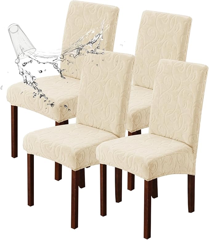 Genina Waterproof Dining Room Chair Covers Stretch Parsons Chair Slipcovers for Dining Room Kitchen Chair Protector Cover, Removable, Washable (4 Large, Flower Pattern-Beige)