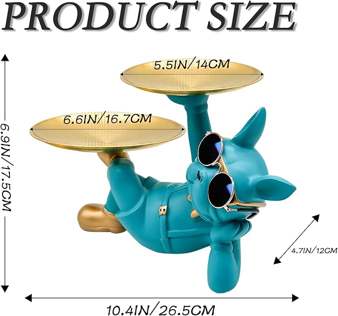 Resin French Bulldog Tray Statue, Lying Bulldog Candy Dish Key Holder Bowl, French Bulldog Accessories, Statues for Office Desk Home Decor Figurines Entryway Table Decor (Blue Green)