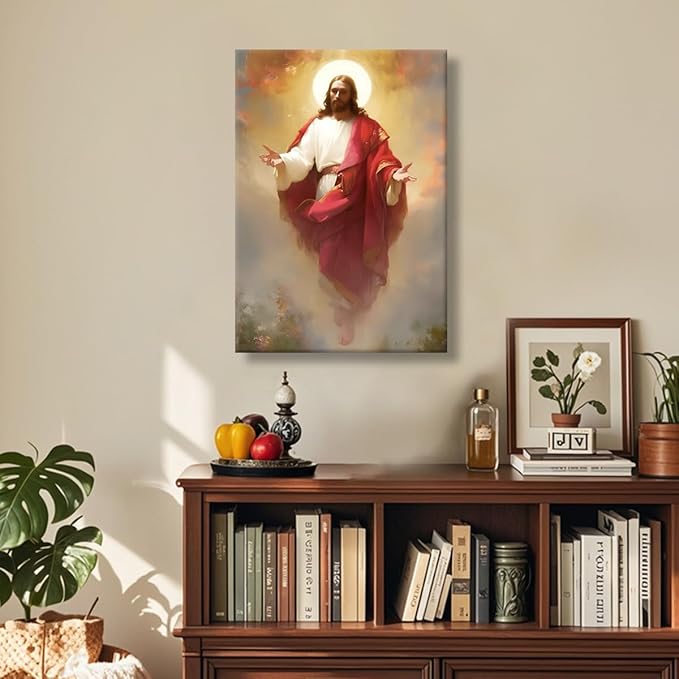 Eysintum Framed Jesus Christ Ascension Wall Art Christian Religious Canvas Print Faith Home Decor Spiritual Poster for Living Room Church Prayer Room 12x16in