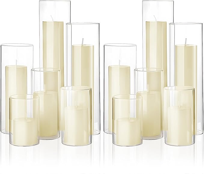 Shihanee Set of 12 Pillar Candles and Glass Cylinder Vases Assorted Sizes Clear Cylinder Holders for Pillar Candles Home Table Centerpieces Wedding Party Decorations (Multiple Sizes,Ivory)