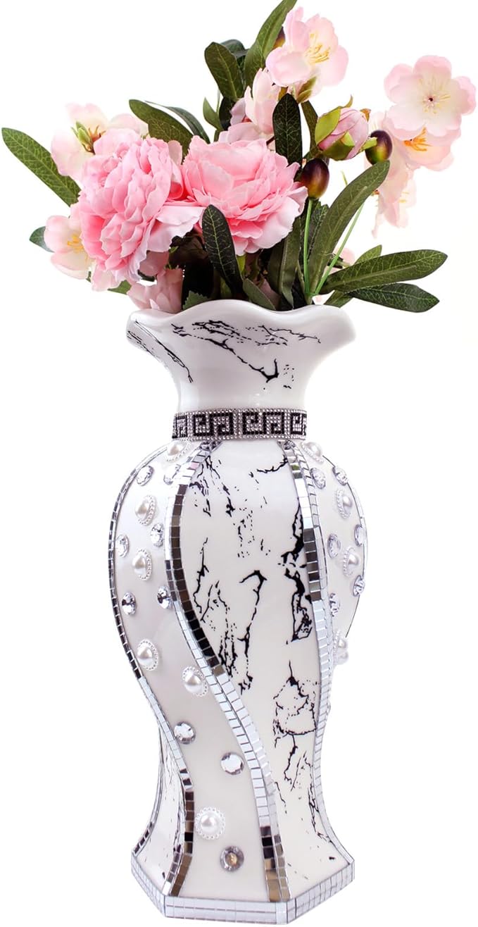 Modern Decorative Vase,Silver Flower Vase for Home Decor with Rhinestone,30 cm Luxury Ceramic Vase for Centerpiece,Living Room,Bedroom,Large Flower Vase