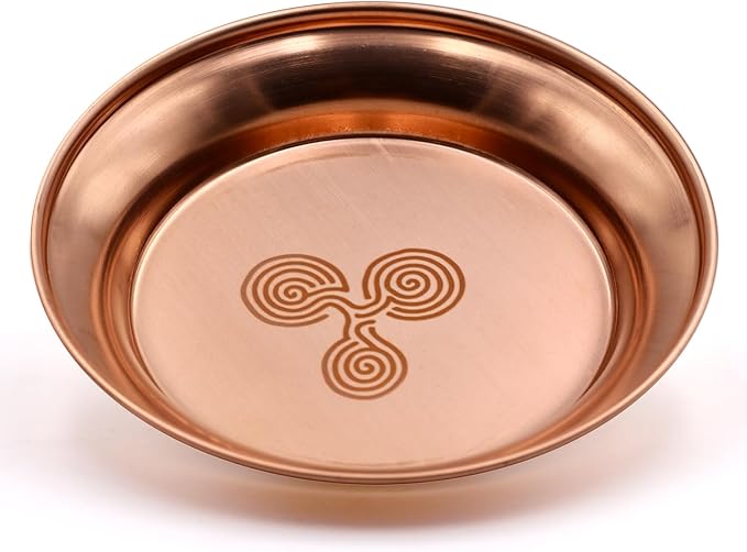 Copper Offering Bowl Ritual Plate Great for Altar,Incense Burner, smudging Bowl, Offering Dish,Candle Trays, Ash Catcher,Jewelry Dish (Triple Spiral)
