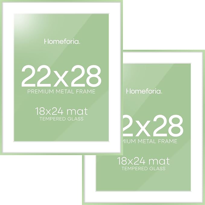 Homeforia 22x28 Sage Green Picture Frame, High End Metal 22x28 Poster Frames with Mat 18x24 inch Photo, 22 x 28 Thin Frame Matted to 18 x 24 Art, 28x22 Large Frames, Tempered Glass, Wall Kit, Set of 2