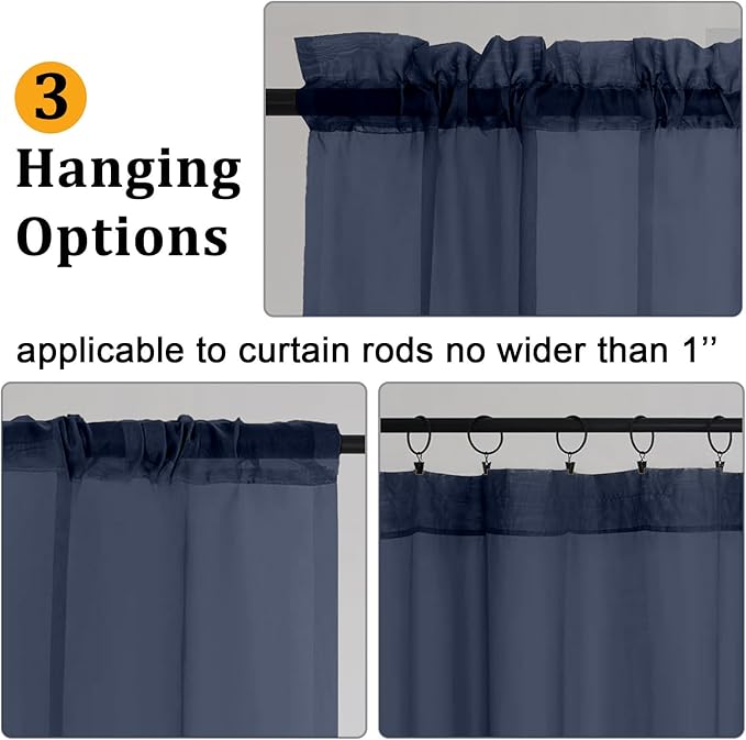 Gwine Navy Blue Sheer Curtains for Living Room 45 inches Long, Short Voile Light Filtering Window Treatments Sheer Curtains for Bedroom, Half Window Drapes with Rod Pocket, Each 42" Wx45 L