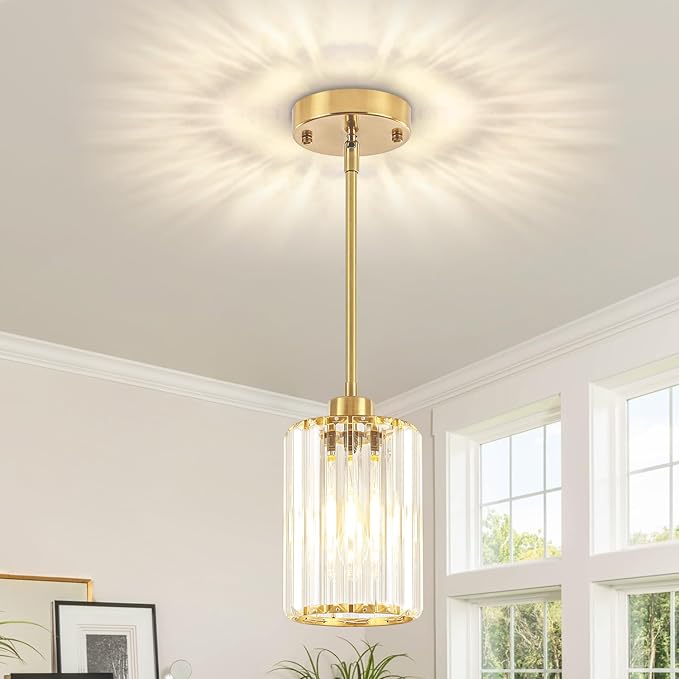 Pendant Lights Kitchen Island, Modern Brushed Gold Pendant Light Fixtures, Kitchen Hanging Lights Mini Chandelier Crystal Pendant Lighting for Island Dining Room Hallway Bedroom