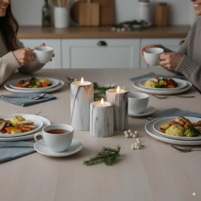 VENTA Marble Flameless Pillar Candles, Set of 3 (4" 5" 6") | Realistic Flickering LED Candles with Remote & Timer | Elegant Decor for Modern, Farmhouse & Chic Interiors