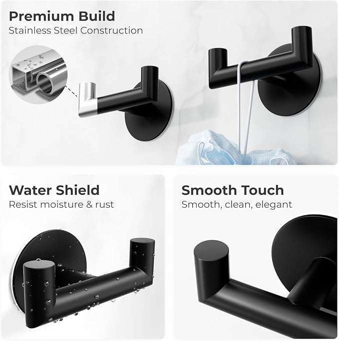 2 Pack Black Bathroom Hooks for Towels - Self Adhesive Double Hooks for Wall, No Drilling, Matte Finish, Strong Hold for Robes, Coats, Shower Use