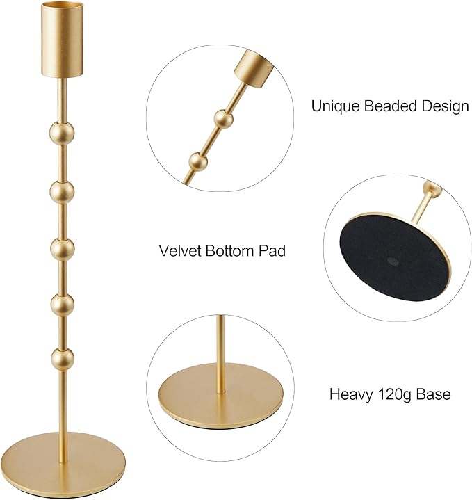 DN DECONATION Gold Candle Holders, Vintage Metal Beaded Taper Candlestick Holders Set of 3 for Wedding, Home Decor, Pillar Candle Sticks Holder Fall Decor for Halloween Table Centerpieces