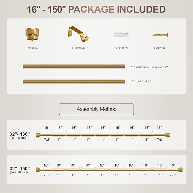 Gold Curtain Rods for Windows 72 to 144 Adjustable Modern Curtain Rod 1 inch Diameter Heavy Duty with Solid Metal Finials for Living Room Bedroom Farmhouse Outdoor Patio